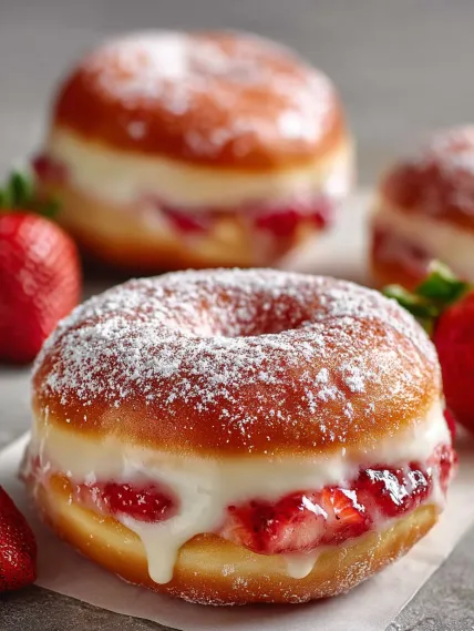 A donut with strawberries and whipped cream on top.