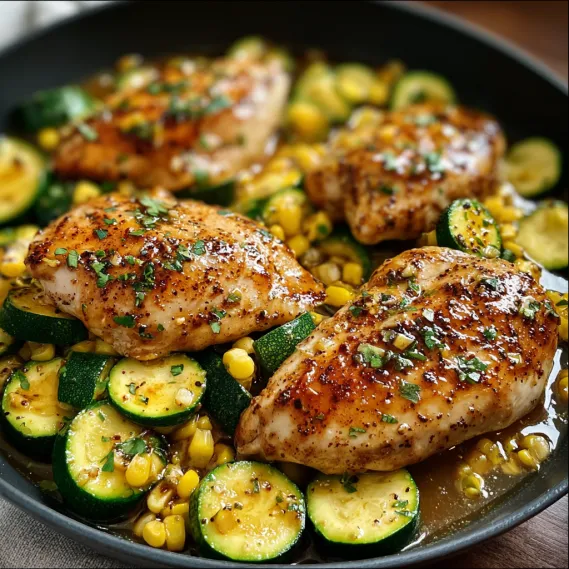 A pan of chicken and vegetables.