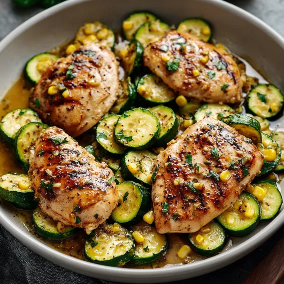 A bowl of chicken and zucchini.