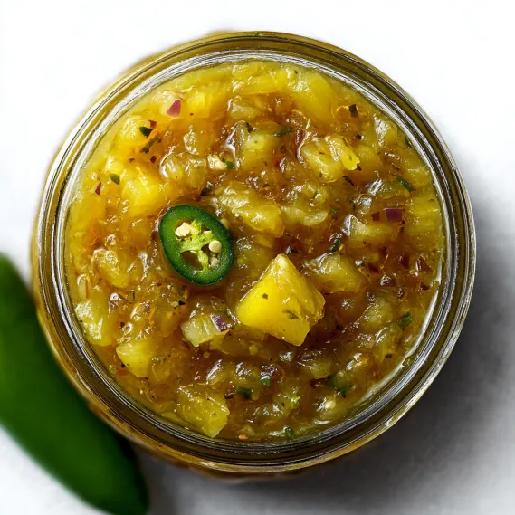 A jar of salsa with a green pepper in it.