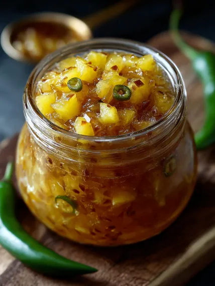 A jar of pineapple with green peppers.