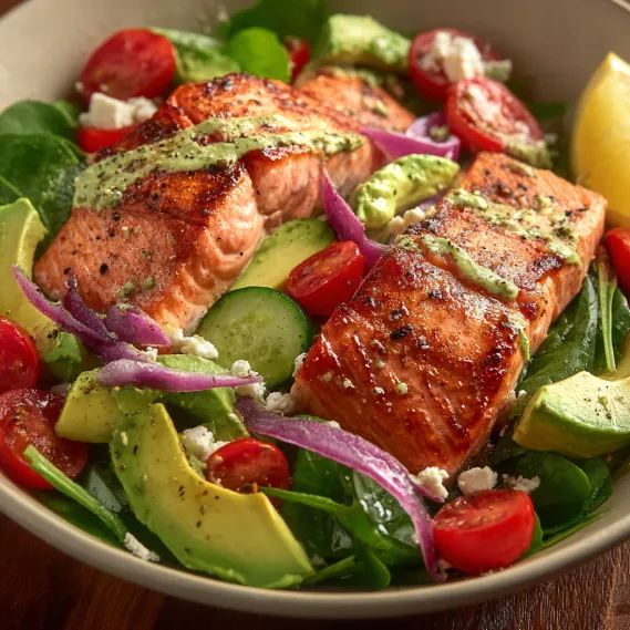 A bowl of salad with fish and vegetables.