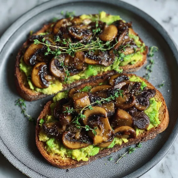 Two slices of bread with mushrooms on top.