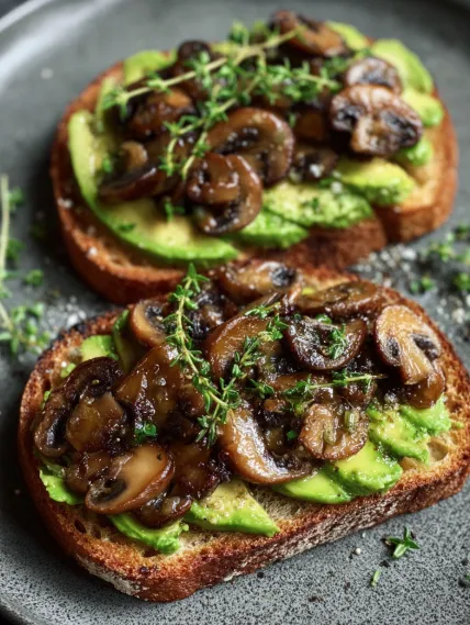 Two slices of bread with mushrooms and avocado on top.