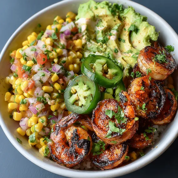 A bowl of food with shrimp, corn, and avocado.