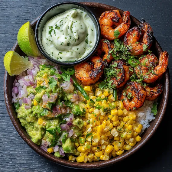 A bowl of food with shrimp, corn, and avocado.