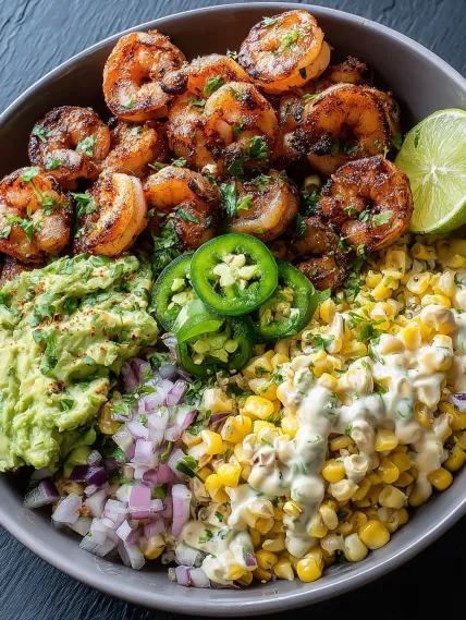 A bowl of food with shrimp, corn, and avocado.