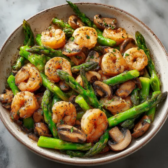 A bowl of shrimp and asparagus.