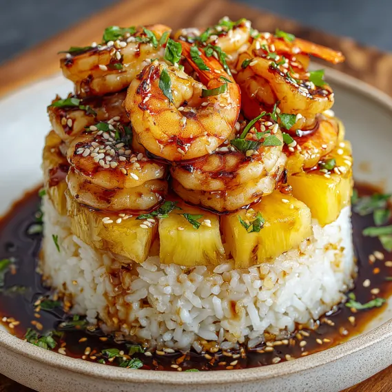 A plate of shrimp with rice and sauce.