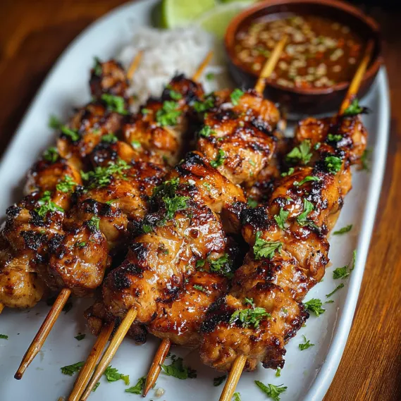 A plate of food with chicken skewers and a bowl of sauce.