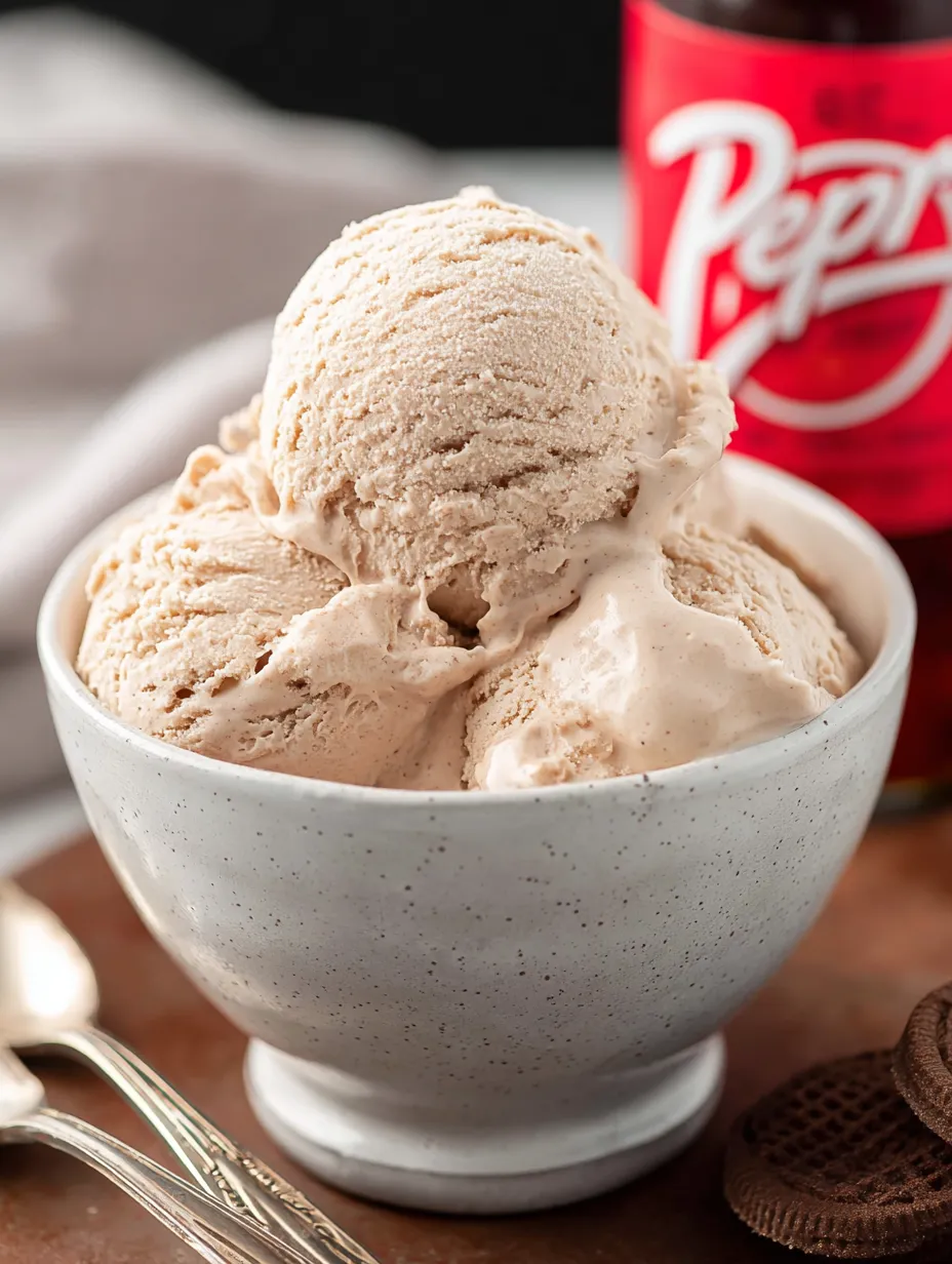 A bowl of ice cream with a Pepsi bottle in the background.