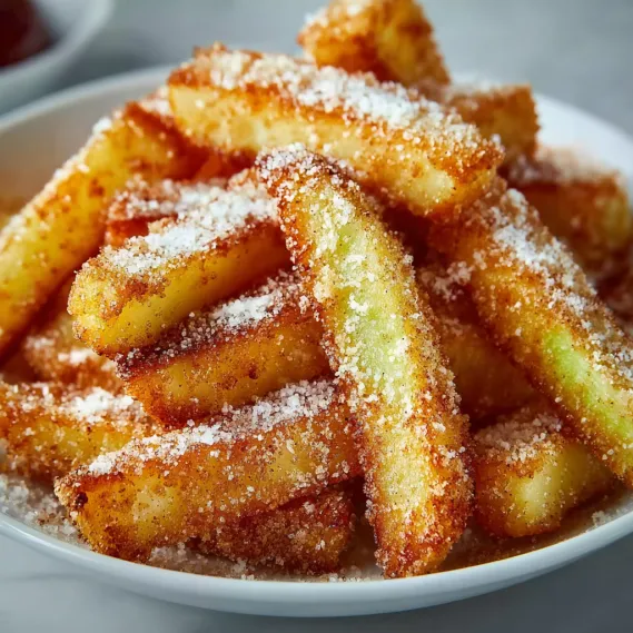 A bowl of french fries with powdered sugar on top.