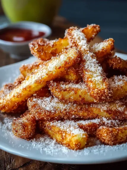 A plate of french fries with powdered sugar on top.