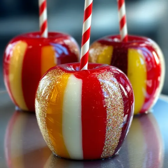 Three candy apples with red, yellow and orange stripes.