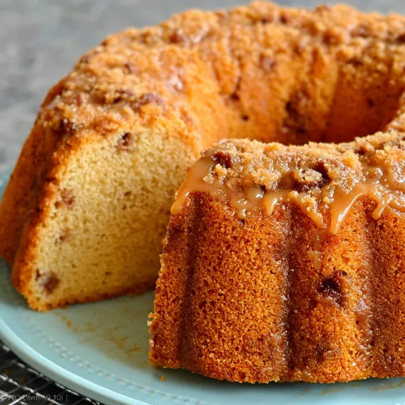 A cake with caramel drizzled on top.