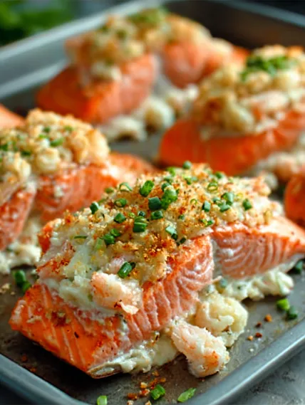 A pan of cooked salmon with seasoning.