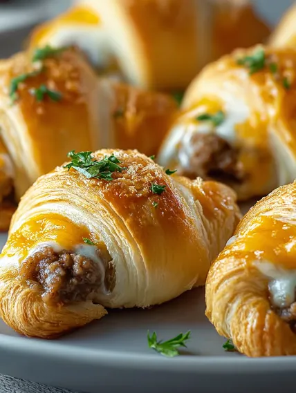 A plate of food with a pastry and meat.