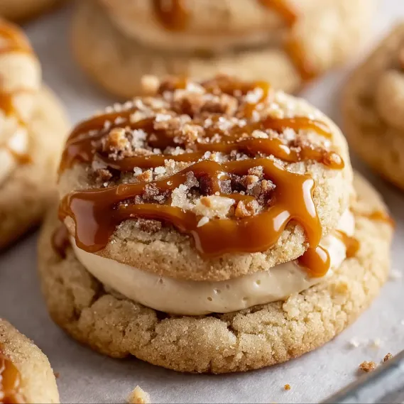 A cookie with caramel drizzled on top.