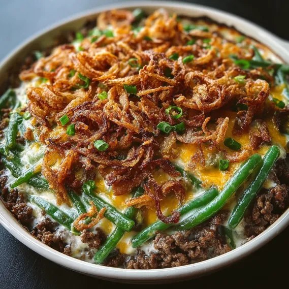A bowl of food with french fries and green beans.