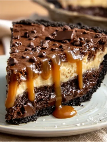 A slice of chocolate cake with caramel drizzle.