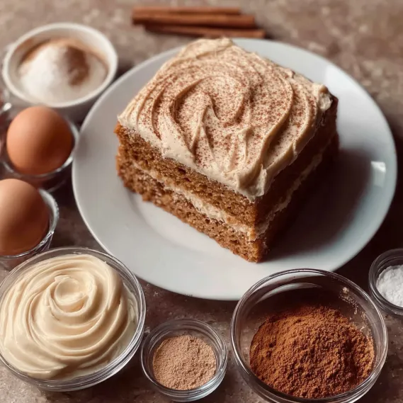 A cake with frosting and cinnamon on a plate.