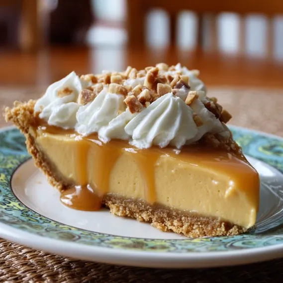 A slice of pie with whipped cream on a plate.