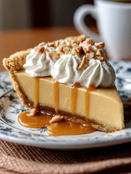 A slice of pie with a drizzle of caramel sauce.