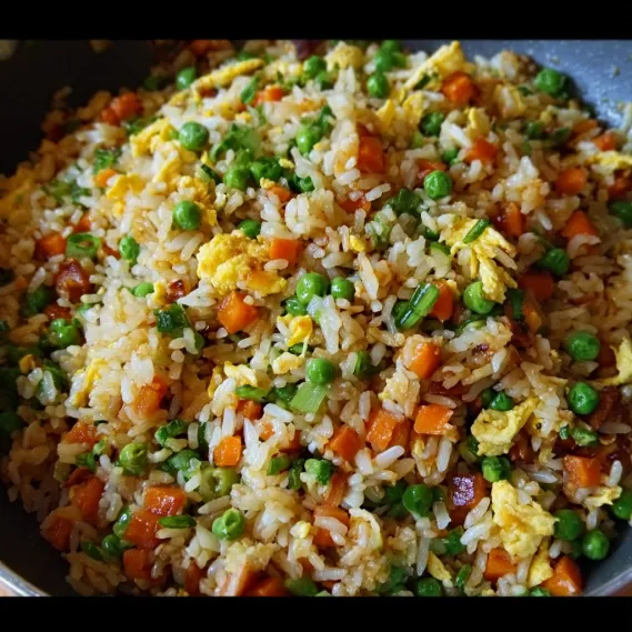 A bowl of rice with peas and carrots.