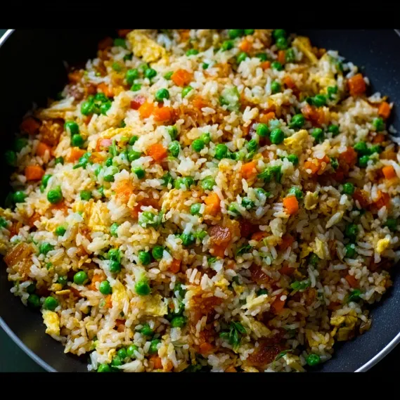 A bowl of rice with peas and carrots.