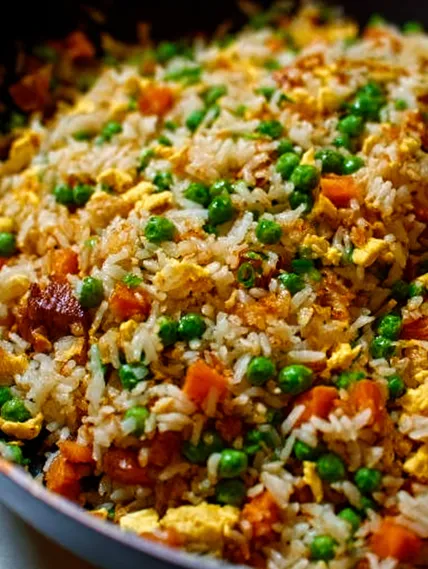 A bowl of rice with peas and carrots.