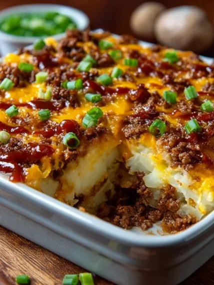 A dish with meat and potatoes.