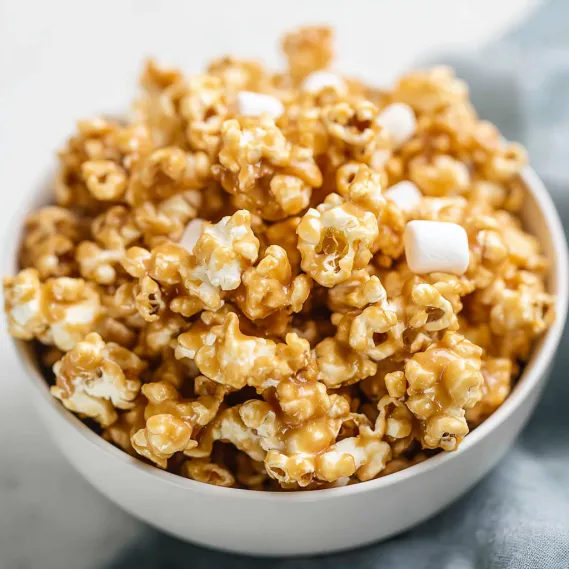 A bowl of popcorn with marshmallows on top.
