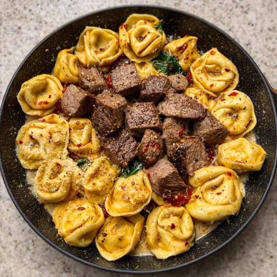 A plate of food with meat and pasta.