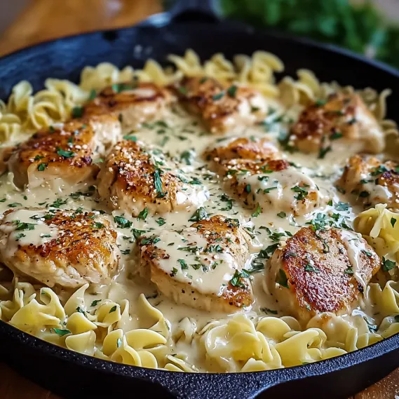 A pan of food with chicken and noodles.