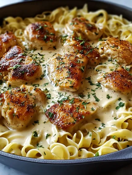 A plate of chicken and noodles.