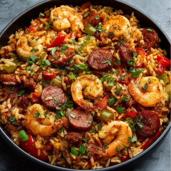 A bowl of rice with shrimp and sausage.