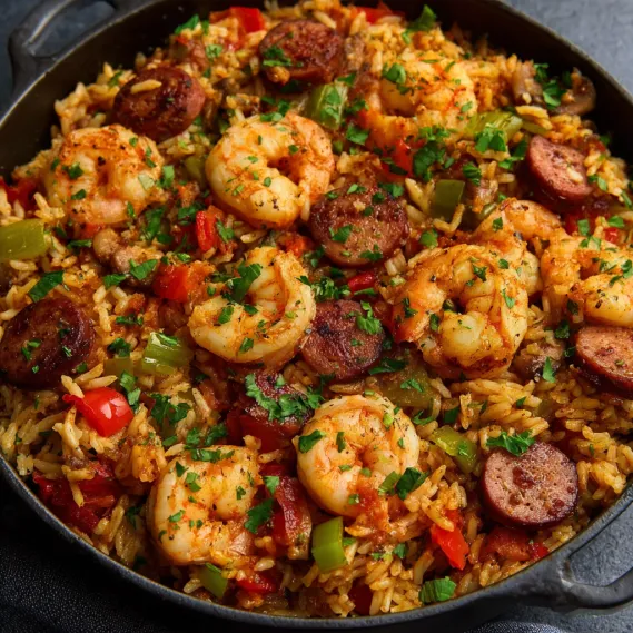 A bowl of rice with shrimp and sausage.