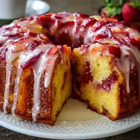 A cake with strawberries and cream on a plate.