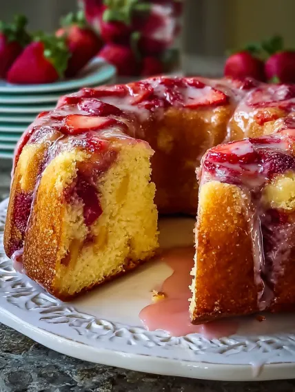 A cake with strawberries and cream on a plate.