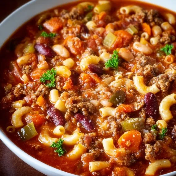 A bowl of soup with noodles and beans.