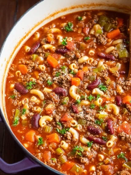 A bowl of chili with macaroni and beans.