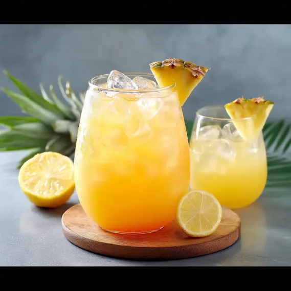 A glass of orange juice with a lemon wedge in it.