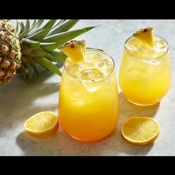 Two glasses of pineapple juice with lemon slices.