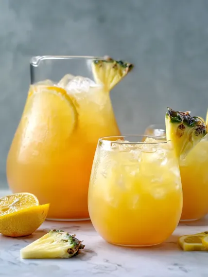 Two glasses of orange juice with lemon slices.