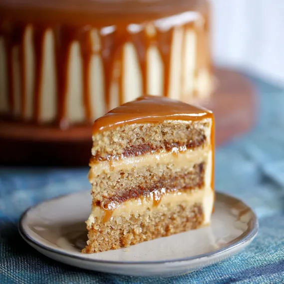 A slice of cake with caramel frosting.