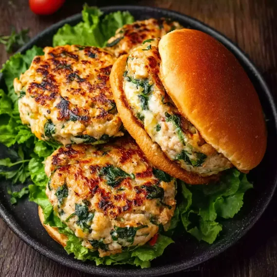 A plate of two fish cakes with lettuce.