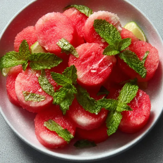 A bowl of watermelon slices with mint leaves.