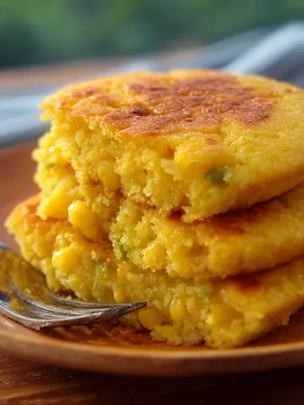 A stack of corn cakes on a plate.