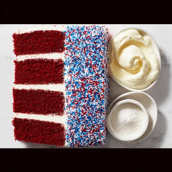 A slice of red velvet cake with white frosting.