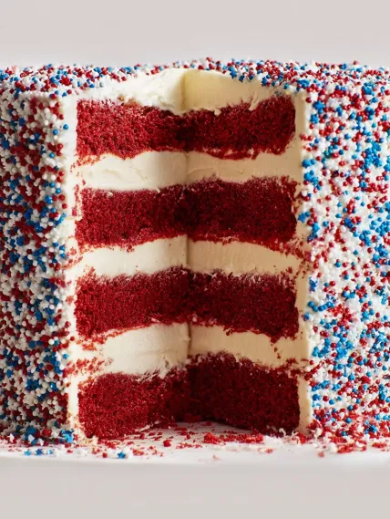 A slice of red, white and blue cake.